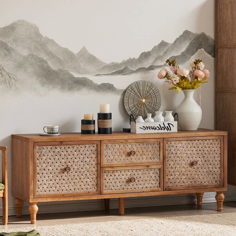 60" Distressed Mid-Century Rattan TV Stand for 55-65" TVs, Boho Vintage Media Console with Adjustable Shelf, 2 Drawers & 2 Doors, Customizable Finish, Solid Wood Legs