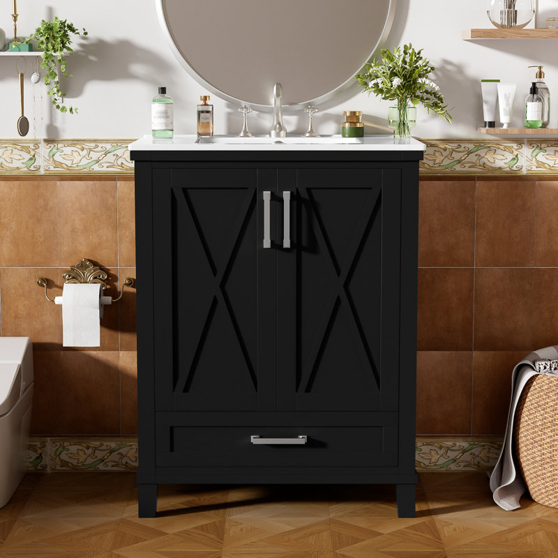 Meuble-lavabo de 24 pouces avec lavabo en céramique, cadre et portes à fermeture douce pour pieds et pieds de 24 po, rangement intelligent et design élégant