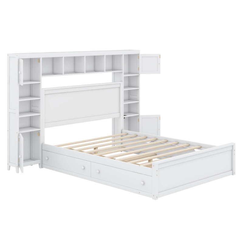 A Full-Sized Wooden Bed With An Integrated Cabinet, Shelf, And Electrical Outlets, Accompanied By A Twin-Sized Trundle Bed.