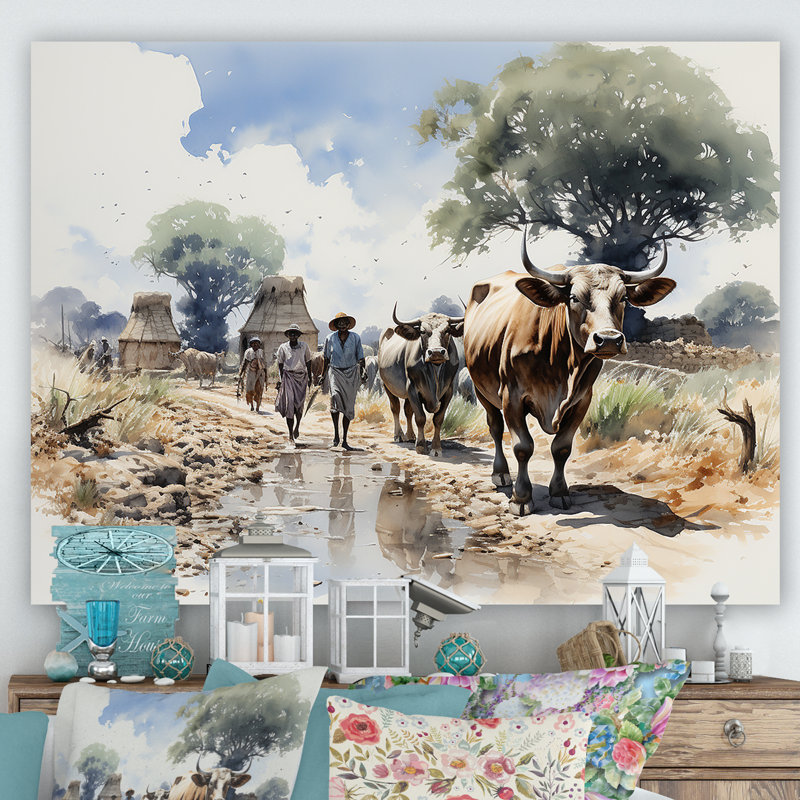 Afrique, camp de bovins Dinka III - art mural tribal africain, Toile tendue, H 24 po x l 32 po x P 1 po