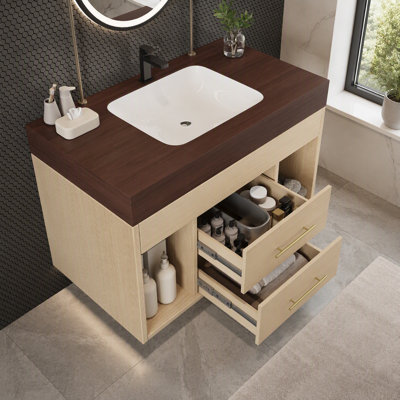 Ensemble de meuble-lavabo flottant 29,9 po avec lavabo sous-comptoir en céramique fritté et fixation murale pour petites salles de bain, appartement