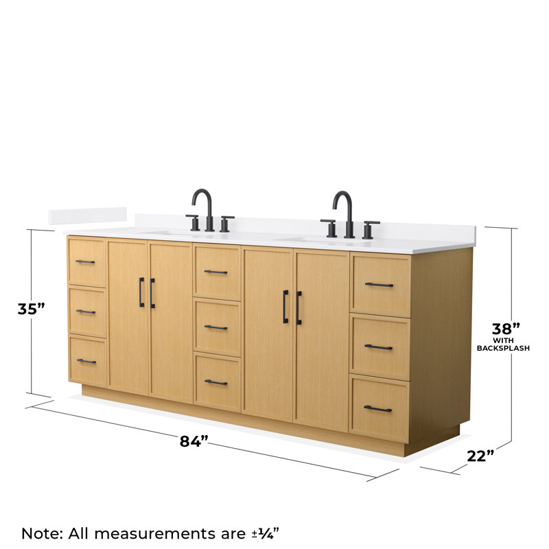 Elan TK 84" Freestanding Double Bathroom Vanity with Quartz Top, White Quartz, Light Oak, Matte Black