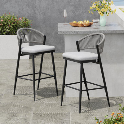 Outdoor Metal Frame Barstools With PE Rattan Scallop-Shaped Backrest And Water-Resistant Cushions, Set Of Two For Residential Use