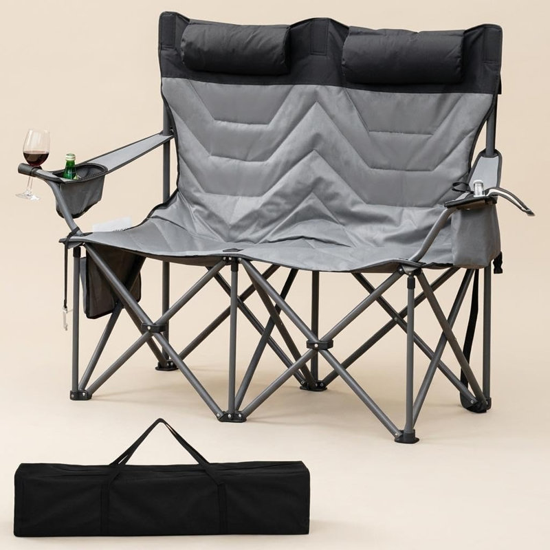 Double chaise de camping pour 2 adultes, causeuse pliante robuste avec dossier haut, siège et appui-tête rembourrés, sac isotherme et porte-gobelets