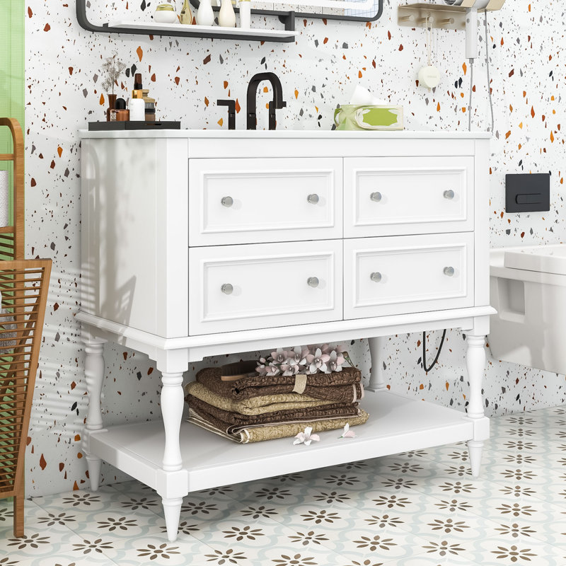 Meuble-lavabo élégant avec quatre tiroirs et grand lavabo en céramique, Blanc