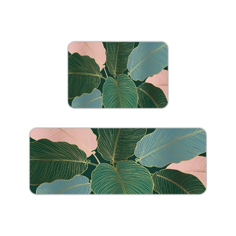 Tapis de cuisine vert et rose à feuilles d'or, paquet de 2 tapis de décoration de luxe pour la cuisine et la salle de bain