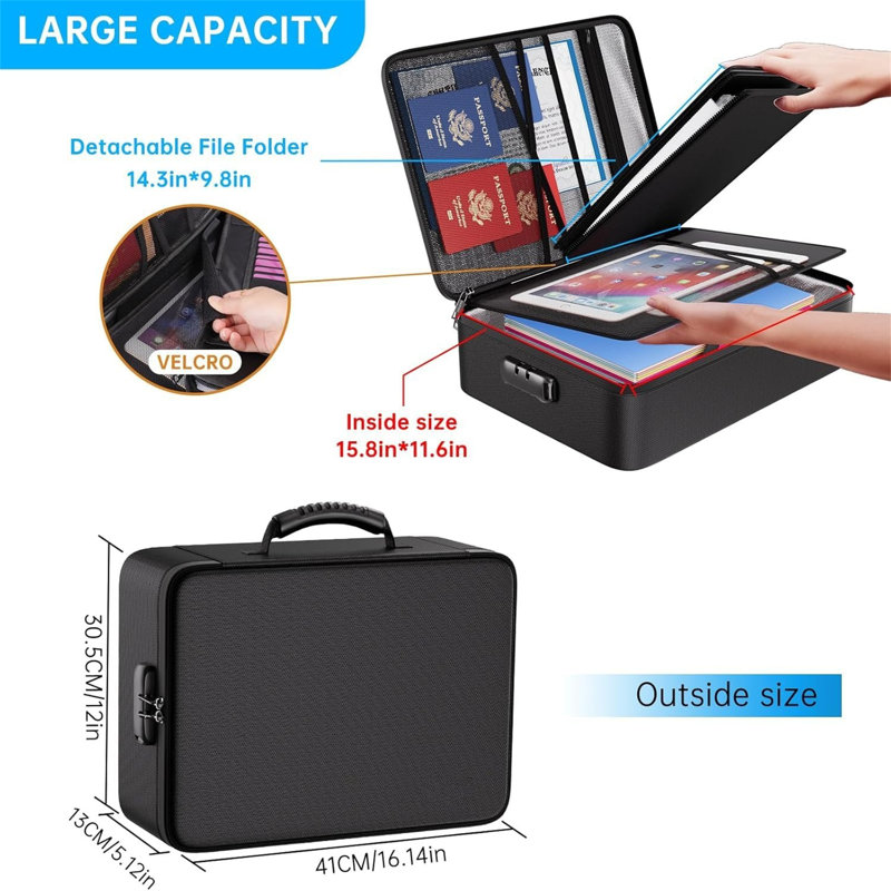 Fireproof Document Box,Portable Home Fire Safe Storage Box Case with Lock, 13" H x 41" W x 30.5" D