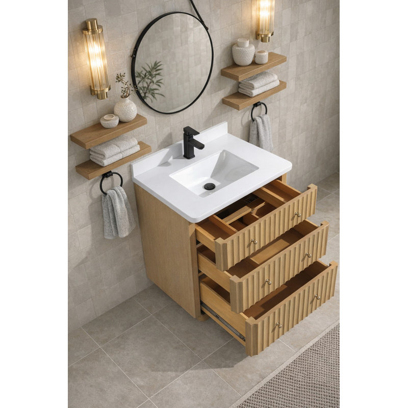 La Jolla 30'' Single Bathroom Vanity With Engineered Stone Top, Oak