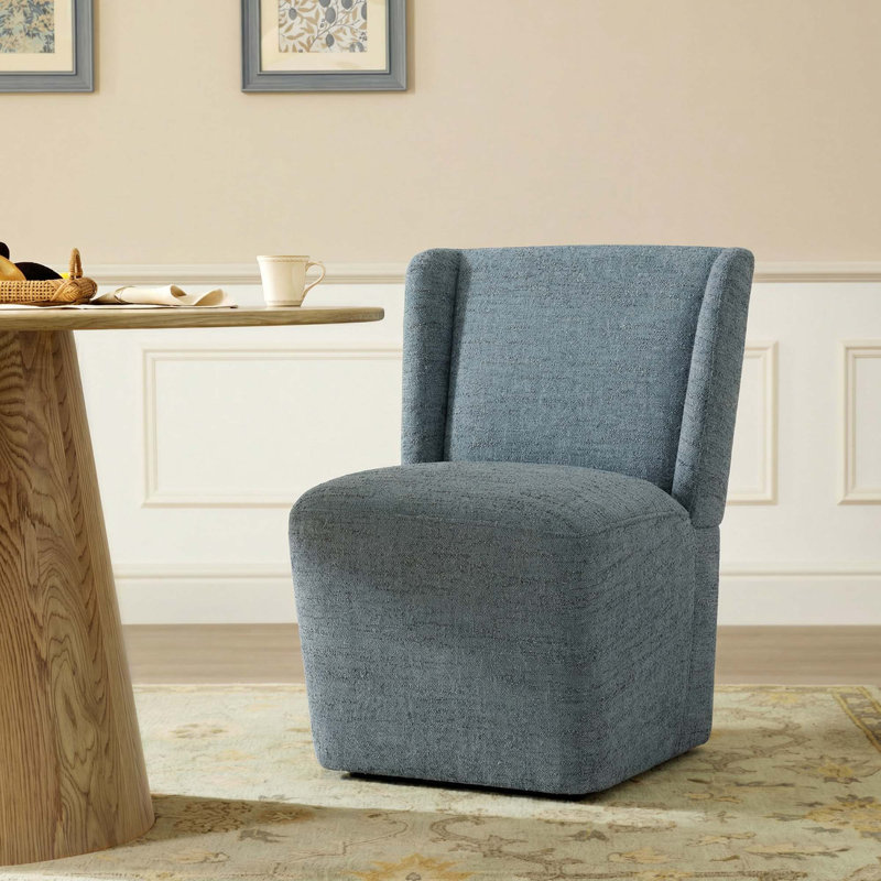 Ardeth Upholstered Side Chair with Casters, Mellow Steel Blue Chenille