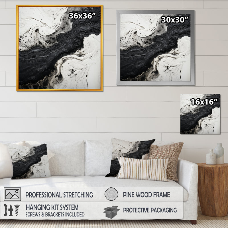 Art mural noir et blanc River I - Formes abstraites pour le salon, H 16 po x l 16 po x P 1 po, Toile tendue