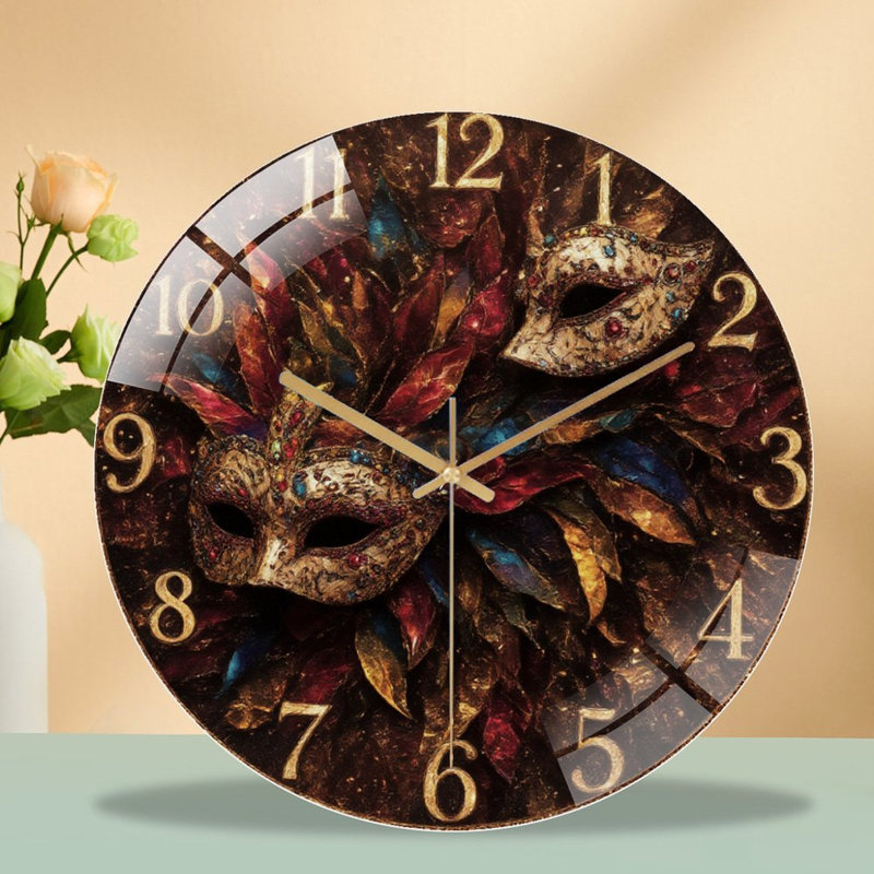 Horloge murale avec masques de plumes, horloge murale 12 po