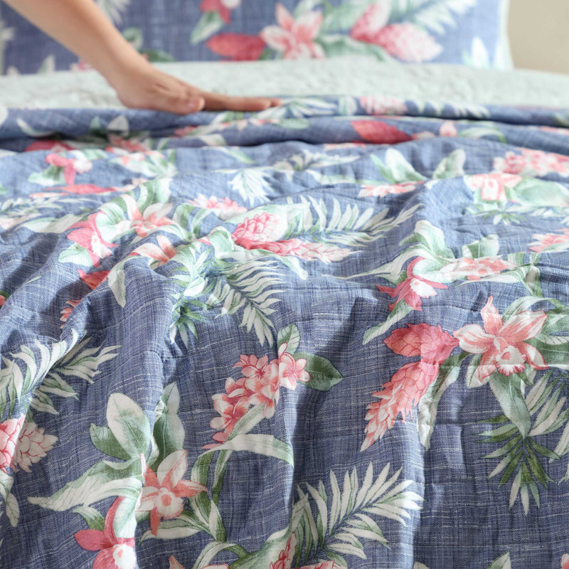 Navy Cotton Reversible Twin Quilt Set with Floral Design