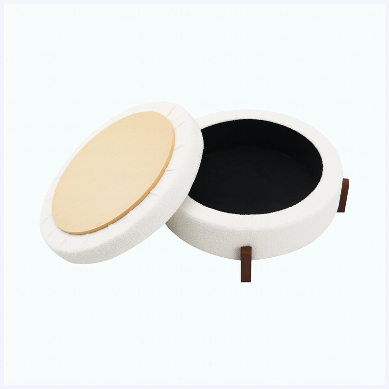 Pouf de rangement rond en tissu crème Teddy de 84 cm (33 po), repose-pieds et assise rembourrée en mousse, pieds en bois de noyer, tabouret moderne pour salon, chambre ou entrée.