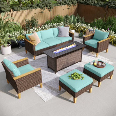 7-Piece Wicker Outdoor Patio Furniture Set, Sectional Patio Set with Cushions, Fire pit table