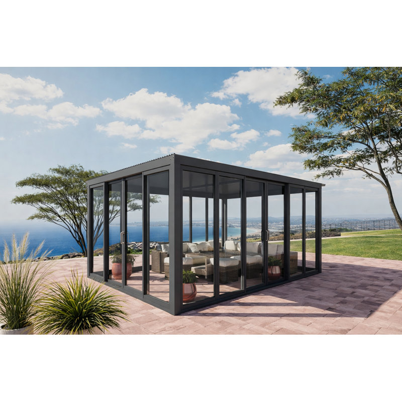 Pergola en aluminium noir 13 'x 10' avec toit à persiennes et parois coulissantes en verre