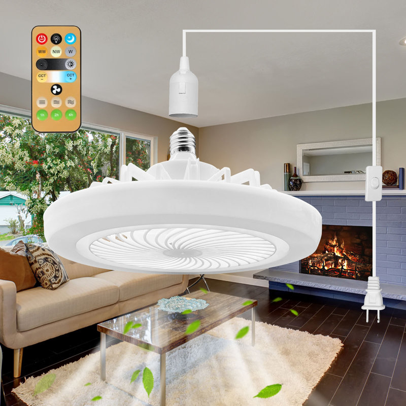 Plug In Ceiling Fan Light With Long Cord 19.68ft, Screw In Socket Fan Light With Remote Control, 110v Modern Led Small Portable Hanging For Bedroom Bathroom Gazebo Kitchen Kids Room Garage