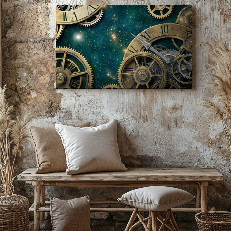 Toile, une vue de près révèle des œuvres d'horloges en laiton au design complexe, H 16 po x l 20 po