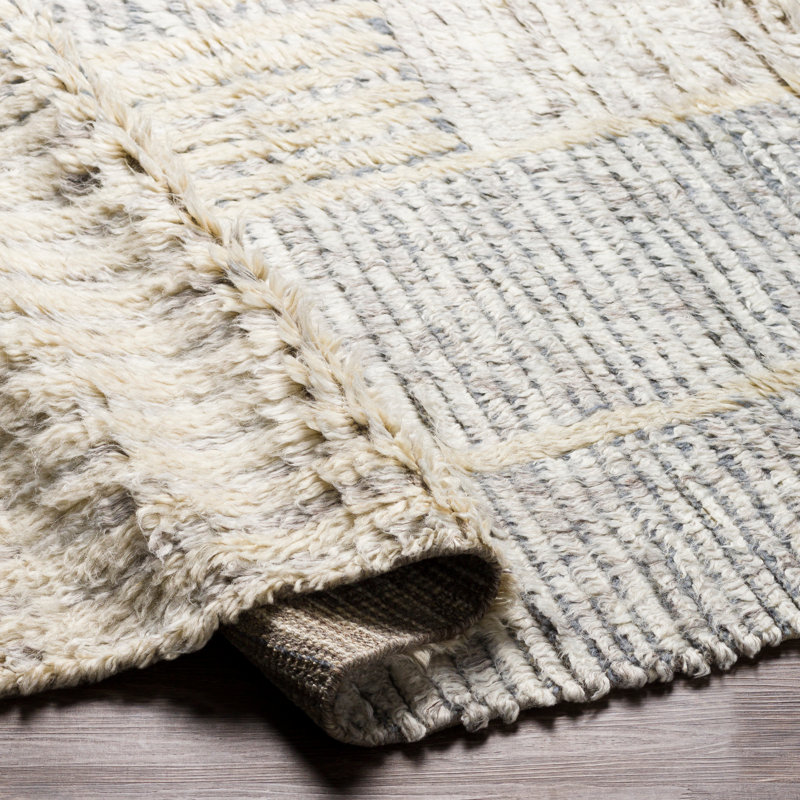 Tapis crème / gris / denim en laine noué à la main Kenady, Rectangle 2 pi x 3 pi