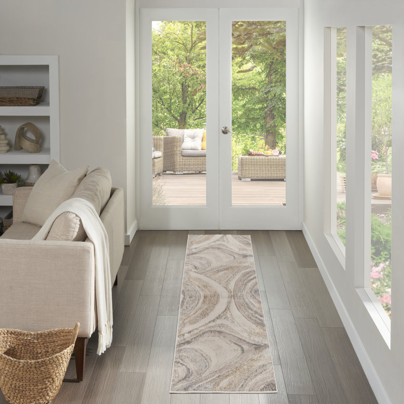 Abstract Machine Woven Area Rug in Cream/Grey, Runner 2'2" x 7'6"