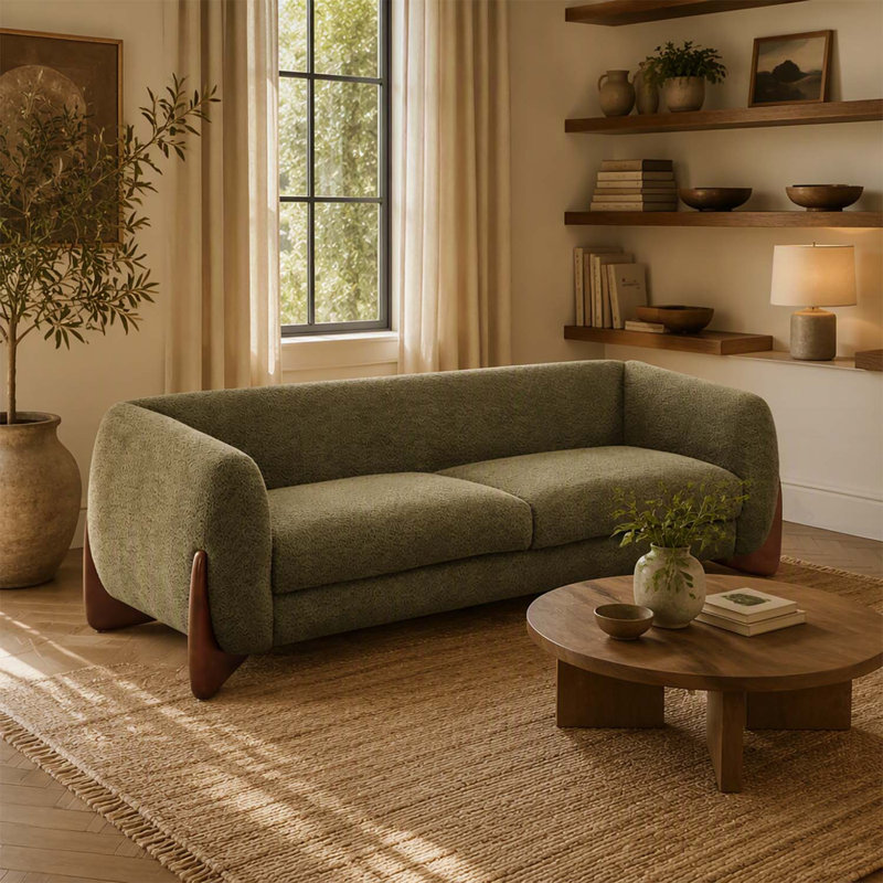 Canapé Sherpa bouclé de 82 pouces, vert olive, confortable et élégant pour les espaces de vie modernes