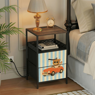 Nightstand with Charging Station, 2 Drawer Bedside Table with USB Ports and Outlets, Open Shelf, Black Night Stand for Bedroom Living Room Cute Bear Driving Red Car Against Striped Blue Print