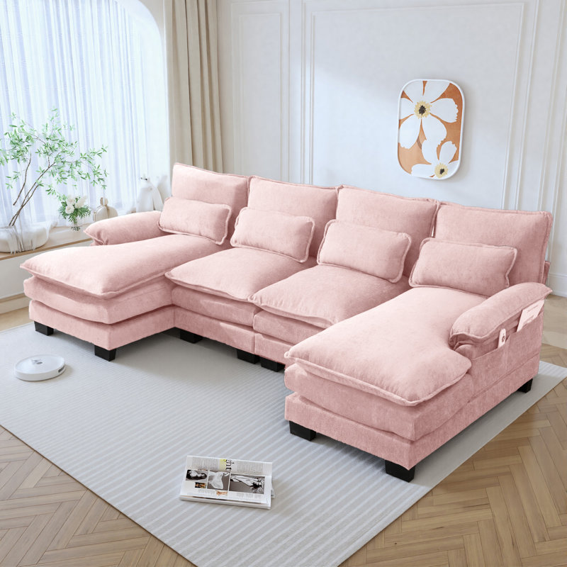 Chenille Sectional Sofa with Double Chaises, Pink Chenille