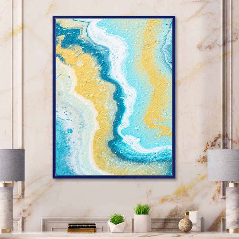 Composition abstraite de marbre jaune et bleu III - peinture sur toile, Cadre flottant bleu, H 20 po x l 12 po x P 1po