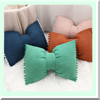 Pom Pom Velvet Lumbar Pillow Covers - Set of 2 Dusty Pink Cushion Cases for Bed Sofa Couch Bench Car - Decorative Throw Pillow Cases Outdoor Bow