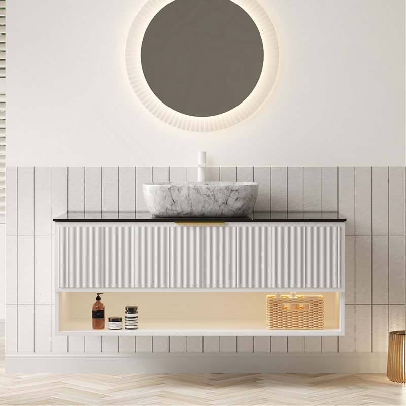 Meuble-lavabo 48 po avec lavabo, armoire de rangement flottante en contreplaqué, 2 tiroirs et tablette à rayures fines, capteur de lumière, vasque en céramique à motif marbré et plateau en pierre frittée noire