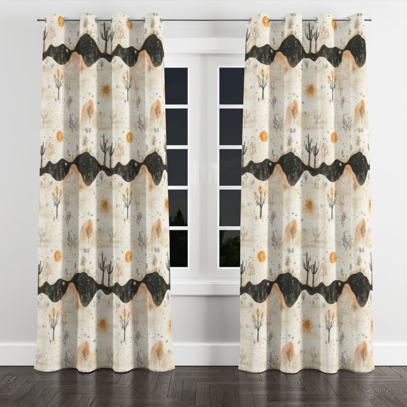 Abstract Room Darkening Curtains - Orange Boho Desert Minimal Grommet Curtain - 1 Panel, 52" W x 95" L, Silver Grommets