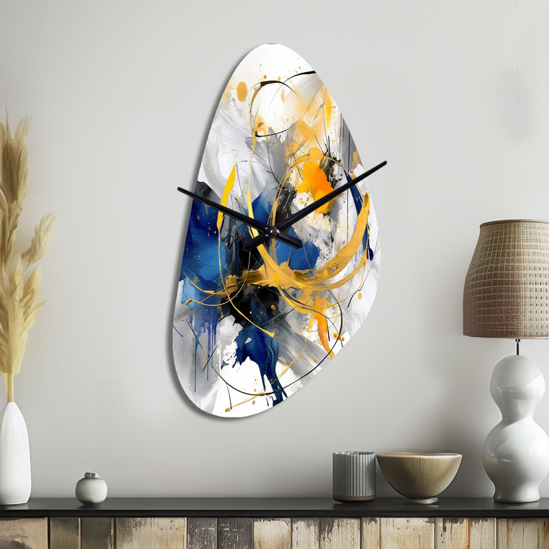 Horloge murale asymétrique en métal bleu foncé et or Strokes 14ème - Fractals, forme d'horloge irrégulière bleue, Moyenne