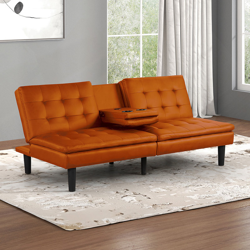 Canapé-lit futon de style contemporain avec chargeurs USB, capitonnage à biscuits et table rabattable pour plus de confort et de commodité