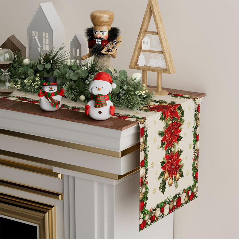 Christmas Poinsettias Leaves Bells Snowflakes Winter Xmas Table Runner Table Decoration For Home Kitchen Dining Holiday Decor