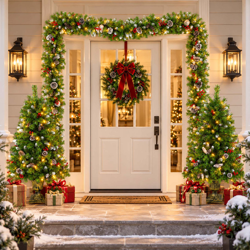 3-Piece Pre-Lit Christmas Tree and Garland Set with 210 Warm White LEDs