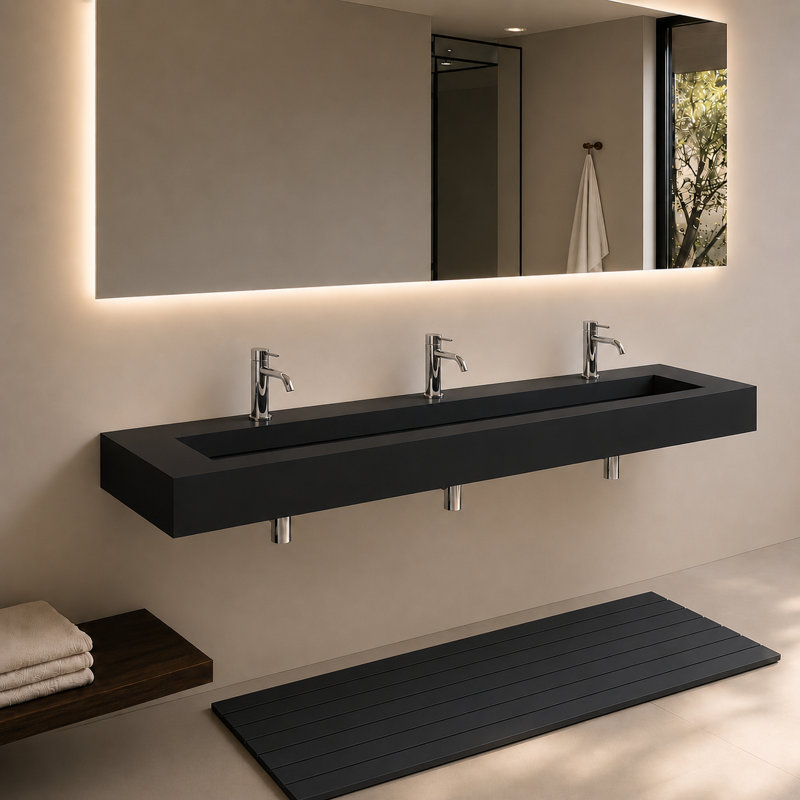Pyramid 84" Wall Mounted Rectangular Solid Surface Trough Bathroom Sink in Matte Finish - Black, Black