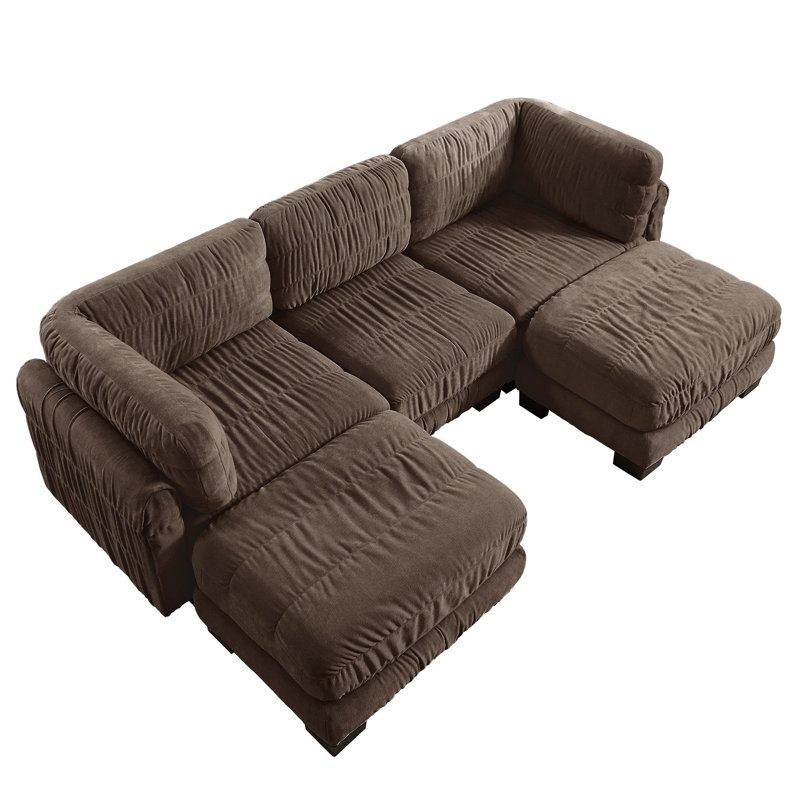 Canapé d'angle modulaire 3 places en chenille à détails froncés, 2 poufs amovibles, mousse haute densité, coussins de dossier épais en forme de L, montage facile, pour salon et chambre.