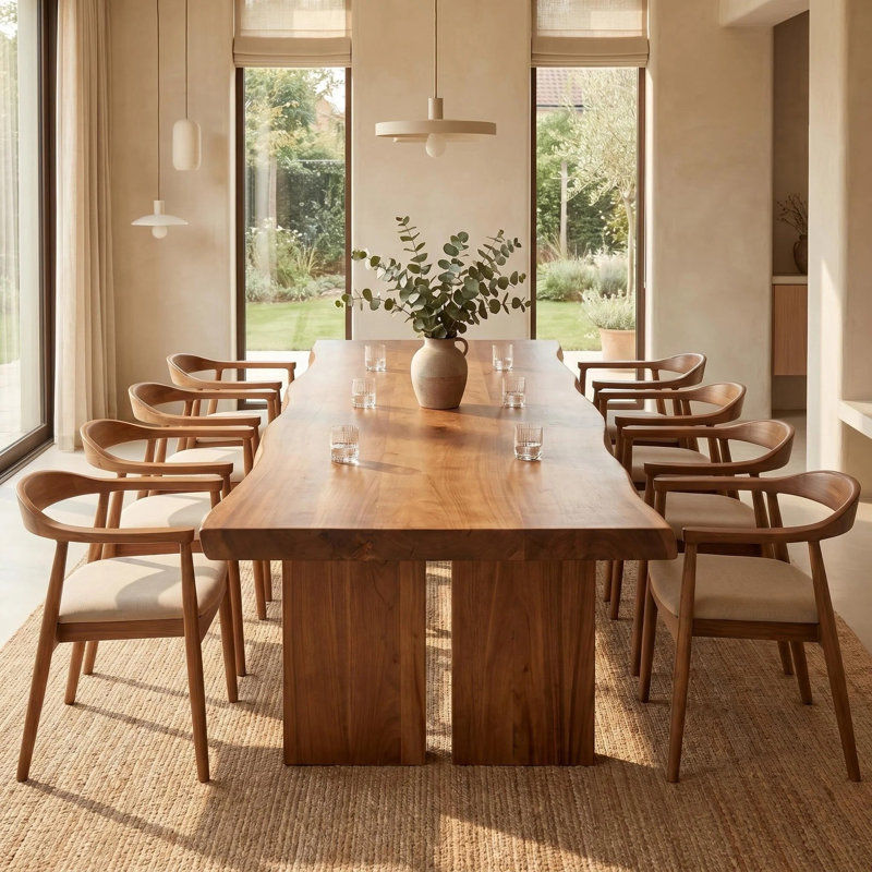 Table de salle à manger en bois massif avec bords en rondins naturels, grande table de salle à manger rectangulaire de style champêtre pouvant accueillir 8 personnes, avec des pieds à lattes robustes, table de salle à manger de cuisine