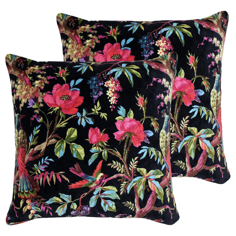  Floral Cotton Velvet Filled Cushion Twin Pack, Black