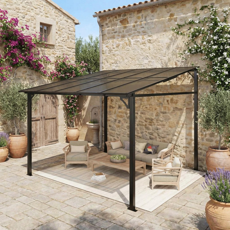 Wall-Mounted Lean to Pergola Aluminum Hardtop Gazebo – Durable Polycarbonate Roof, UV Protection, Easy Assembly – Size: 10x10 FT