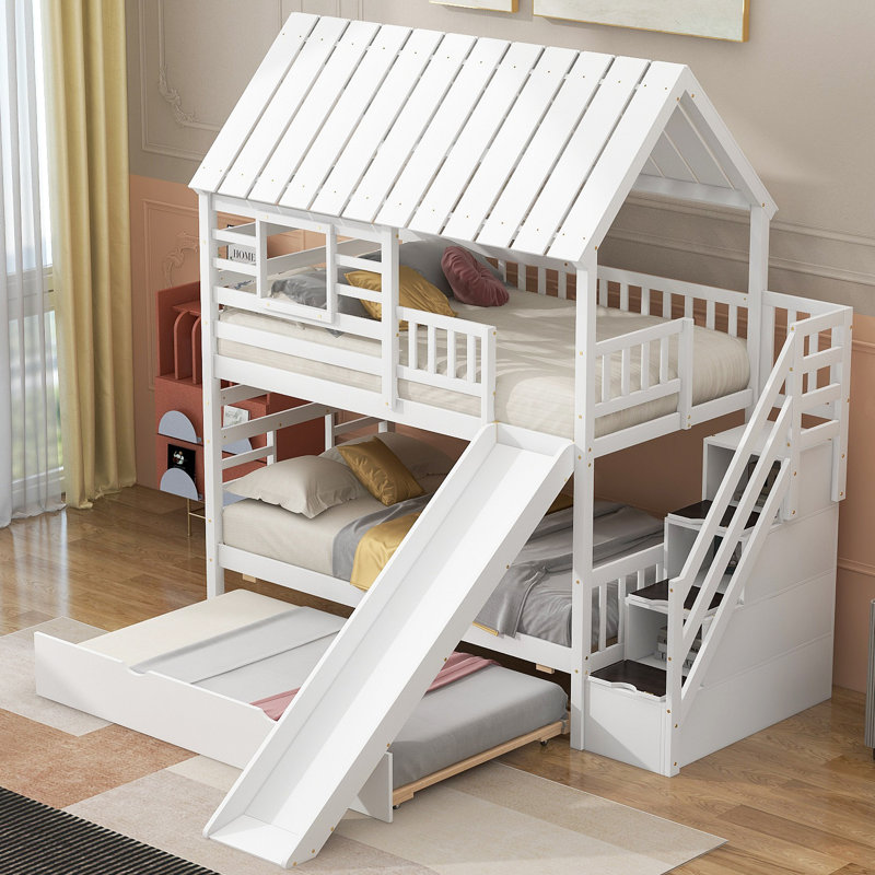 Lit superposé House avec lit gigogne et glissade, escalier de rangement, toit et fenêtre, Blanc