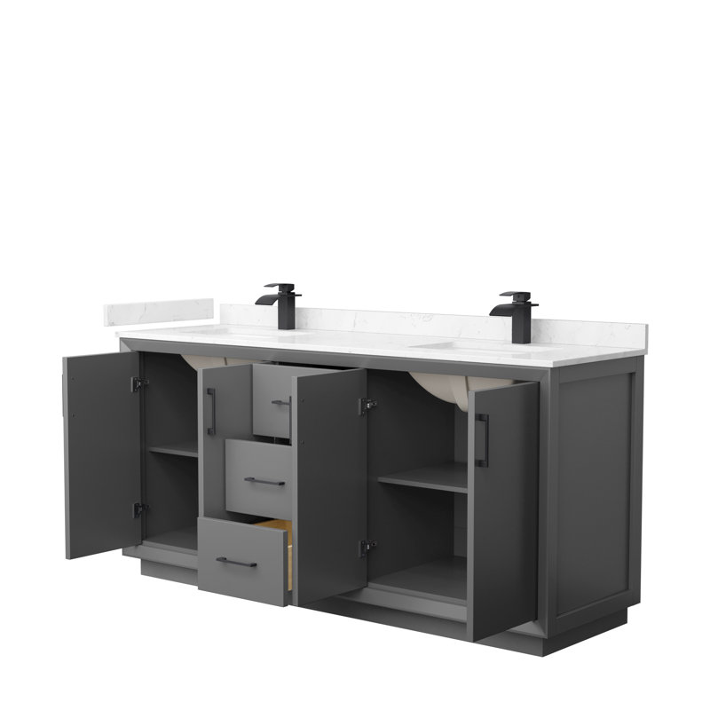 Ensemble de meuble-lavabo double 72 po Strada, Marbre de culture de Carrare, Noir mat, Gris foncé