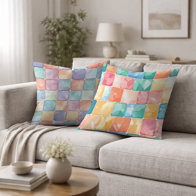 Carreaux de bulles pastel jaune et bleu - Coussin décoratif imprimé patchwork 2 pièces, H 16 po x l 16 po