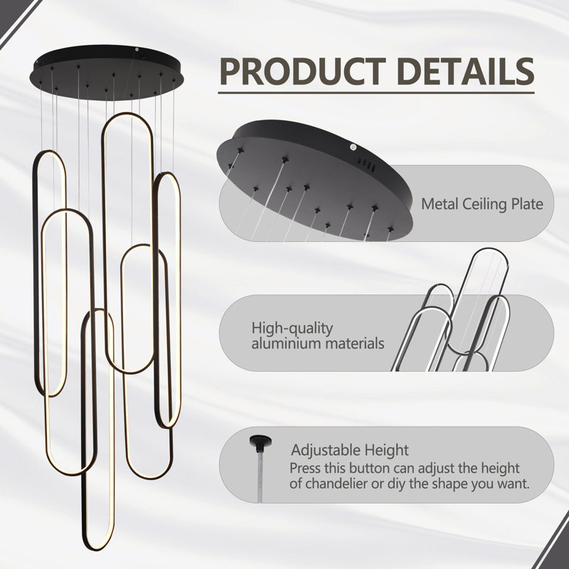 6 Rings Modern Led Chandeliers For Foyer Entryway High Ceiling,dimmable Long Staircase Chandeliers, Flush Mount 2700k-6000k