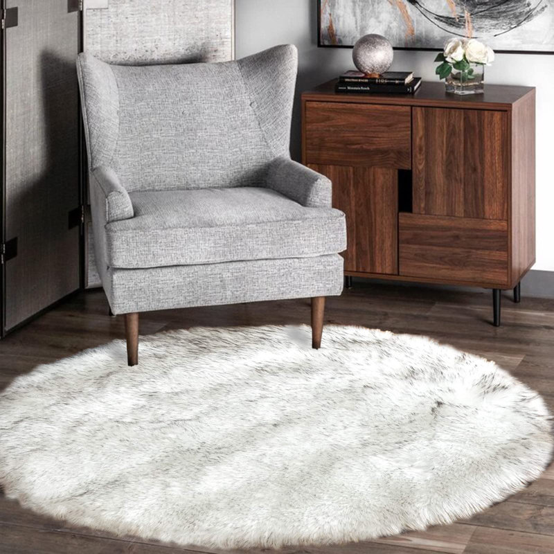 Tapis rond en fausse peau de mouton blanc / gris, Rond 5 pi