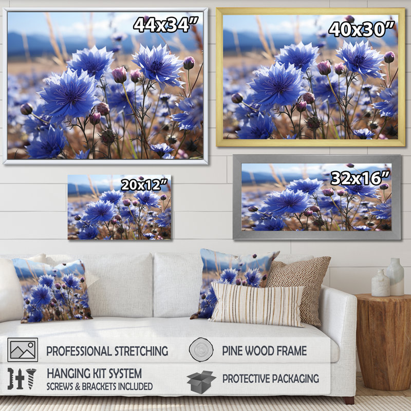 Bleuet champ de maïs - salon d'art mural floral, Cadre flottant blanc, H 16 po x l 32 po x P 1 po