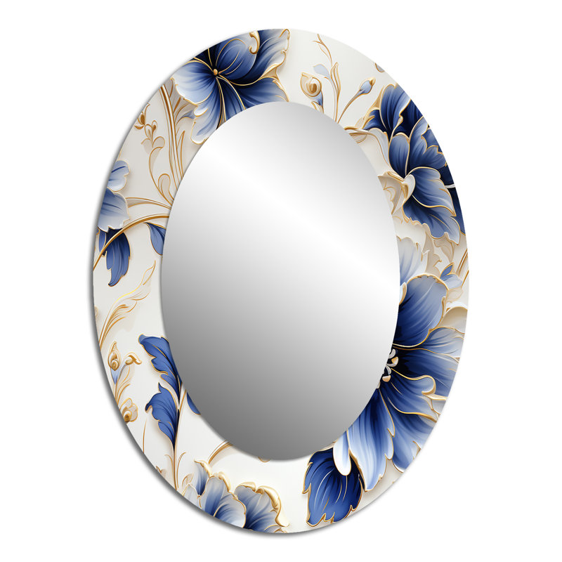 Motif victorien filigrane bleu cobalt - grand miroir mural ovale sur métal, H 40 po x l 30 po