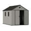 Gray wood-grain pointed-roof plastic tool shed