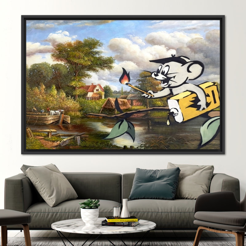 «Corrupted Oil Jerry Graffiti», art mural sur toile 3D - cadeau unique inspiré de Banksy, H 41 po x l 94 po, Noir
