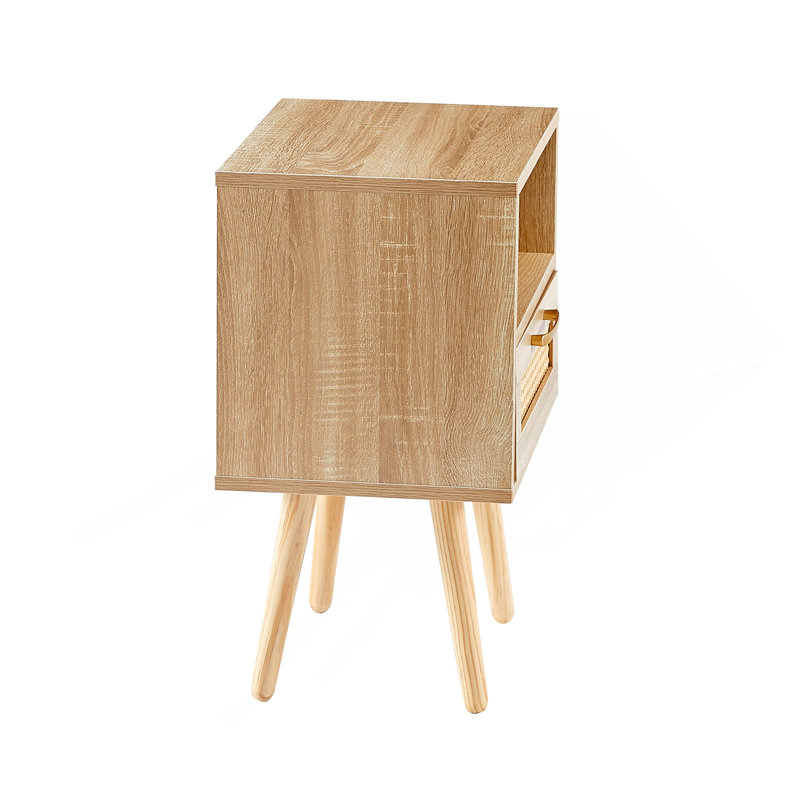 Table de bout en rotin 15,75 "avec tiroir et pieds en bois massif, table de chevet moderne, table d'appoint pour salon, chambre à coucher, naturel