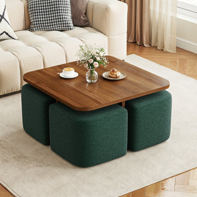 Square Walnut Coffee Table with 4 Dark Green Nesting Chenille Stools